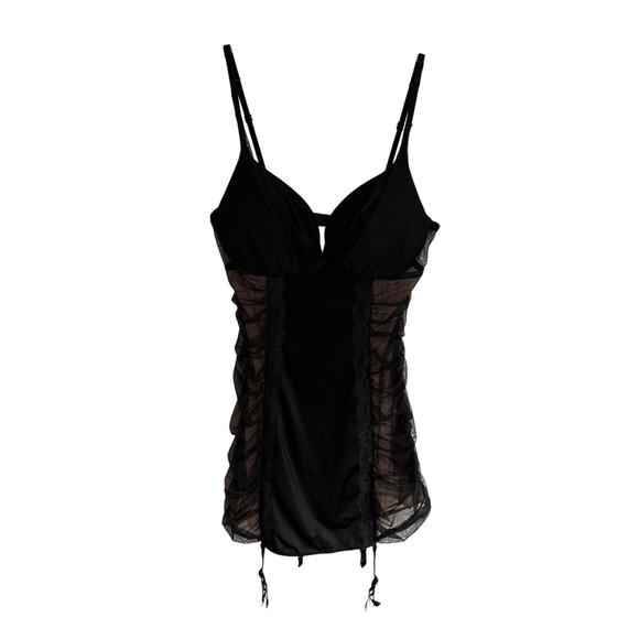 Other - Victorias Secret 36C Black Ruched Lace Garter Chemise Lingerie Padded Underwire
